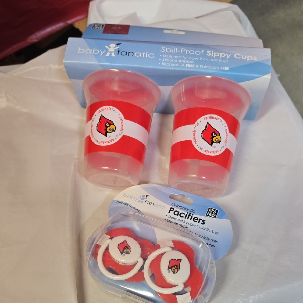 Baby Fanatic Red and White Sippy Cups and Pacifiers LOUISVILLW CARDINALS